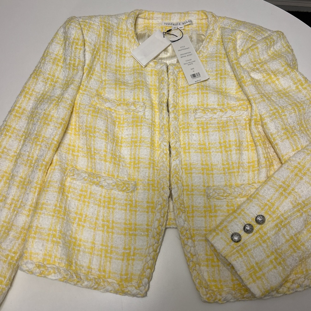 Veronica Beard Bryne Tweed Open-Front Jacket Blazer yellow/white sz 16 NWT $698
